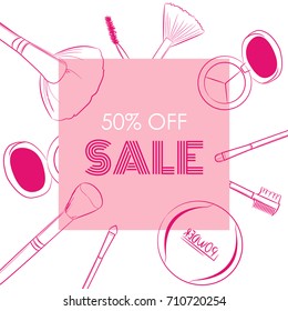 Pink Sale Cosmetics Banner For Shopping Season, Makeup objects: make up brushes, eyebrow brushes, eyeshadow, blush, powder, Accessories, Equipment, Beauty, Facial, Fashion