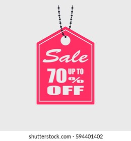 Pink sale tag. Up to 70% off. Vector illustration, eps10