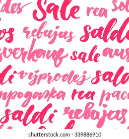 Pink sale texture with handwritten text in different languages. Seamless pattern for promo and advertisement. Vector lettering background for package and shop window design