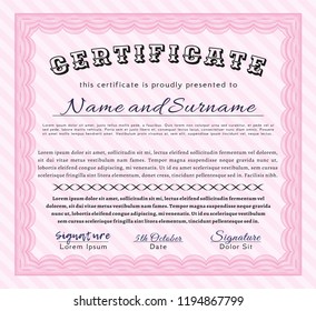 Pink Sample Certificate. With background. Money design. Detailed. 