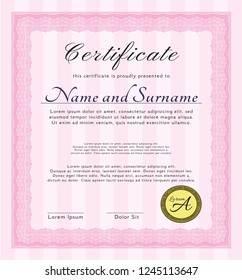 Pink Sample Certificate. Beauty design. Vector illustration. With guilloche pattern and background. 