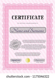 Pink Sample Certificate. Complex background. Lovely design. Vector illustration. 