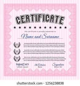 Pink Sample Certificate. Complex background. Detailed. Cordial design. 