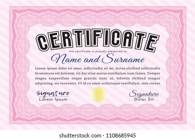 Pink Sample Certificate. With complex linear background. Detailed. Lovely design. 