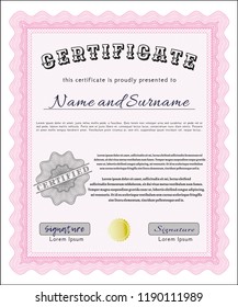 Pink Sample Certificate. With complex linear background. Detailed. Beauty design. 