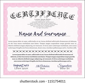 Pink Sample Certificate. Cordial design. Customizable, Easy to edit and change colors. Complex background. 
