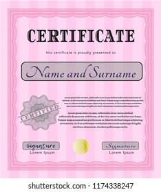 Pink Sample Certificate. Cordial design. With guilloche pattern and background. Vector illustration. 