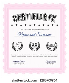 Pink Sample Certificate. Detailed. With linear background. Money Pattern. 