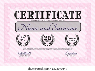 Pink Sample Certificate. Detailed. With linear background. Elegant design. 