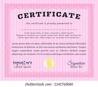 Pink Sample Certificate. Detailed. With quality background. Money Pattern. 