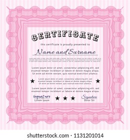 Pink Sample certificate or diploma. With background. Lovely design. Vector illustration. 