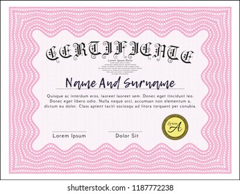 Pink Sample certificate or diploma. With background. Money design. Vector illustration. 