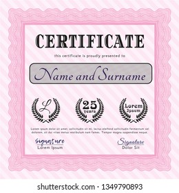 Pink Sample certificate or diploma. With background. Lovely design. Vector illustration. 