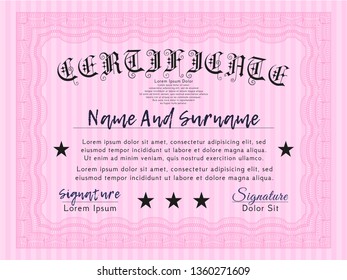 Pink Sample certificate or diploma. With background. Customizable, Easy to edit and change colors. Retro design. 