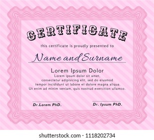Pink Sample certificate or diploma. With complex background. Money Pattern design. Detailed. 