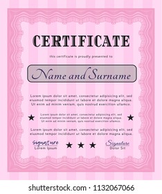 Pink Sample certificate or diploma. Complex background. Artistry design. Vector illustration. 