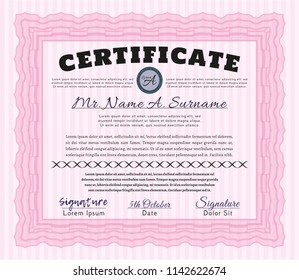 Pink Sample certificate or diploma. With complex linear background. Beauty design. Detailed. 