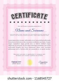 Pink Sample certificate or diploma. Complex background. Customizable, Easy to edit and change colors. Money style design. 
