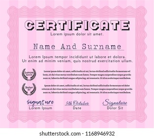 Pink Sample certificate or diploma. Complex background. Money Pattern. Customizable, Easy to edit and change colors. 