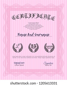 Pink Sample certificate or diploma. With complex linear background. Detailed. Money design. 