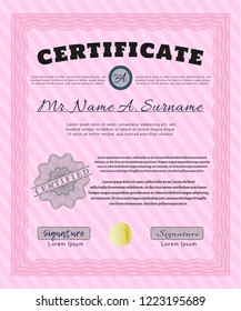Pink Sample certificate or diploma. With complex background. Vector illustration. Lovely design. 