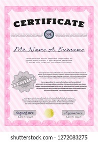 Pink Sample certificate or diploma. Complex background. Detailed. Excellent design. 