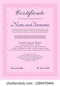 Pink Sample certificate or diploma. With complex linear background. Excellent design. Detailed. 