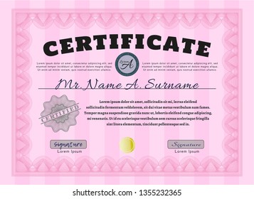 Pink Sample certificate or diploma. With complex linear background. Modern design. Customizable, Easy to edit and change colors. 