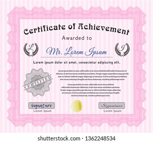 Pink Sample certificate or diploma. With complex linear background. Customizable, Easy to edit and change colors. Money Pattern. 