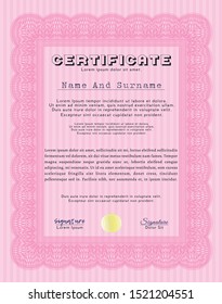 Pink Sample certificate or diploma. With complex linear background. Customizable, Easy to edit and change colors. Money Pattern. 