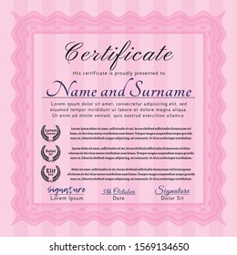 Pink Sample certificate or diploma. With complex background. Money Pattern. Vector illustration. 