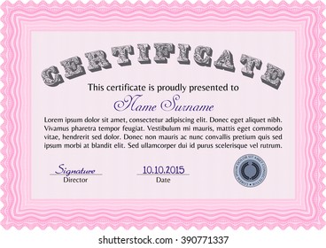 Pink Sample certificate or diploma. With complex linear background. Vector certificate template. Retro design. 