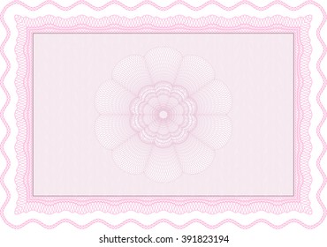 Pink Sample certificate or diploma. With complex linear background. Vector certificate template. Retro design. 