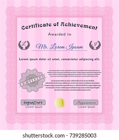 Pink Sample certificate or diploma. With complex background. Money design. Vector illustration. 