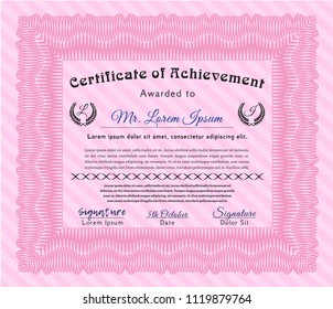 Pink Sample certificate or diploma. Cordial design. Printer friendly. Customizable, Easy to edit and change colors. 