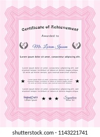 Pink Sample certificate or diploma. Cordial design. Easy to print. Customizable, Easy to edit and change colors. 
