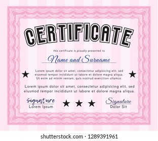 Pink Sample certificate or diploma. Cordial design. Detailed. With guilloche pattern. 