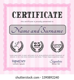Pink Sample certificate or diploma. Cordial design. Detailed. With guilloche pattern. 
