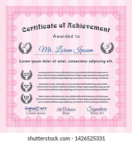 Pink Sample certificate or diploma. Cordial design. Easy to print. Customizable, Easy to edit and change colors. 
