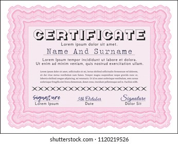 Pink Sample certificate or diploma. Customizable, Easy to edit and change colors. Easy to print. Artistry design. 