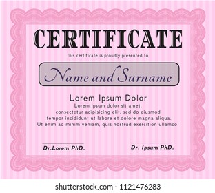 Pink Sample certificate or diploma. Customizable, Easy to edit and change colors. Complex background. Beauty design. 
