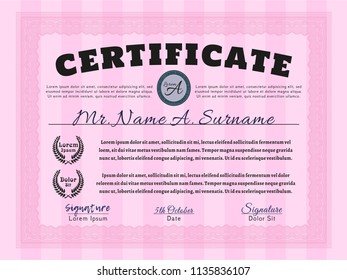 Pink Sample certificate or diploma. Customizable, Easy to edit and change colors. With great quality guilloche pattern. Excellent design. 