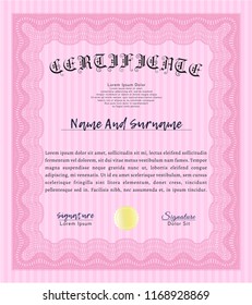Pink Sample certificate or diploma. Customizable, Easy to edit and change colors. With complex linear background. Money style design. 