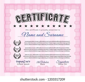 Pink Sample certificate or diploma. Customizable, Easy to edit and change colors. With linear background. Sophisticated design. 