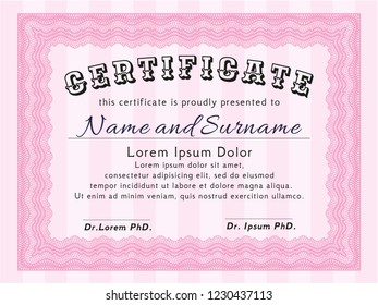 Pink Sample certificate or diploma. Customizable, Easy to edit and change colors. With quality background. Artistry design. 