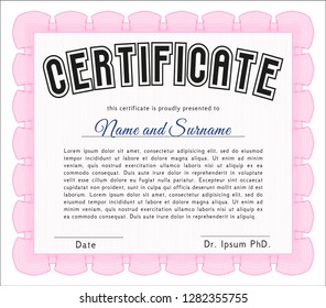 Pink Sample certificate or diploma. Customizable, Easy to edit and change colors. With guilloche pattern and background. Beauty design. 