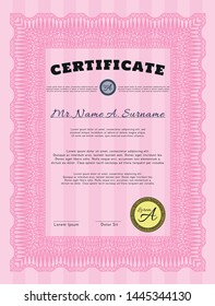 Pink Sample certificate or diploma. Customizable, Easy to edit and change colors. With complex background. Modern design. 