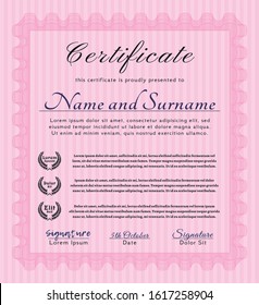 Pink Sample certificate or diploma. Customizable, Easy to edit and change colors. With linear background. Beauty design. 
