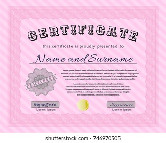 Pink Sample certificate or diploma. Customizable, Easy to edit and change colors. With complex linear background. Cordial design. 