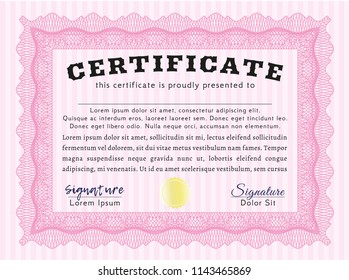 Pink Sample certificate or diploma. Detailed. With complex background. Good design. 